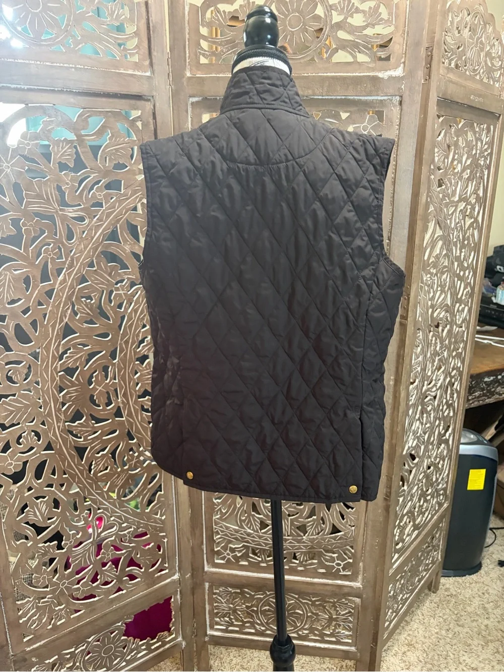Lands' End Black Quilted Vest with Pink Plaid Lining